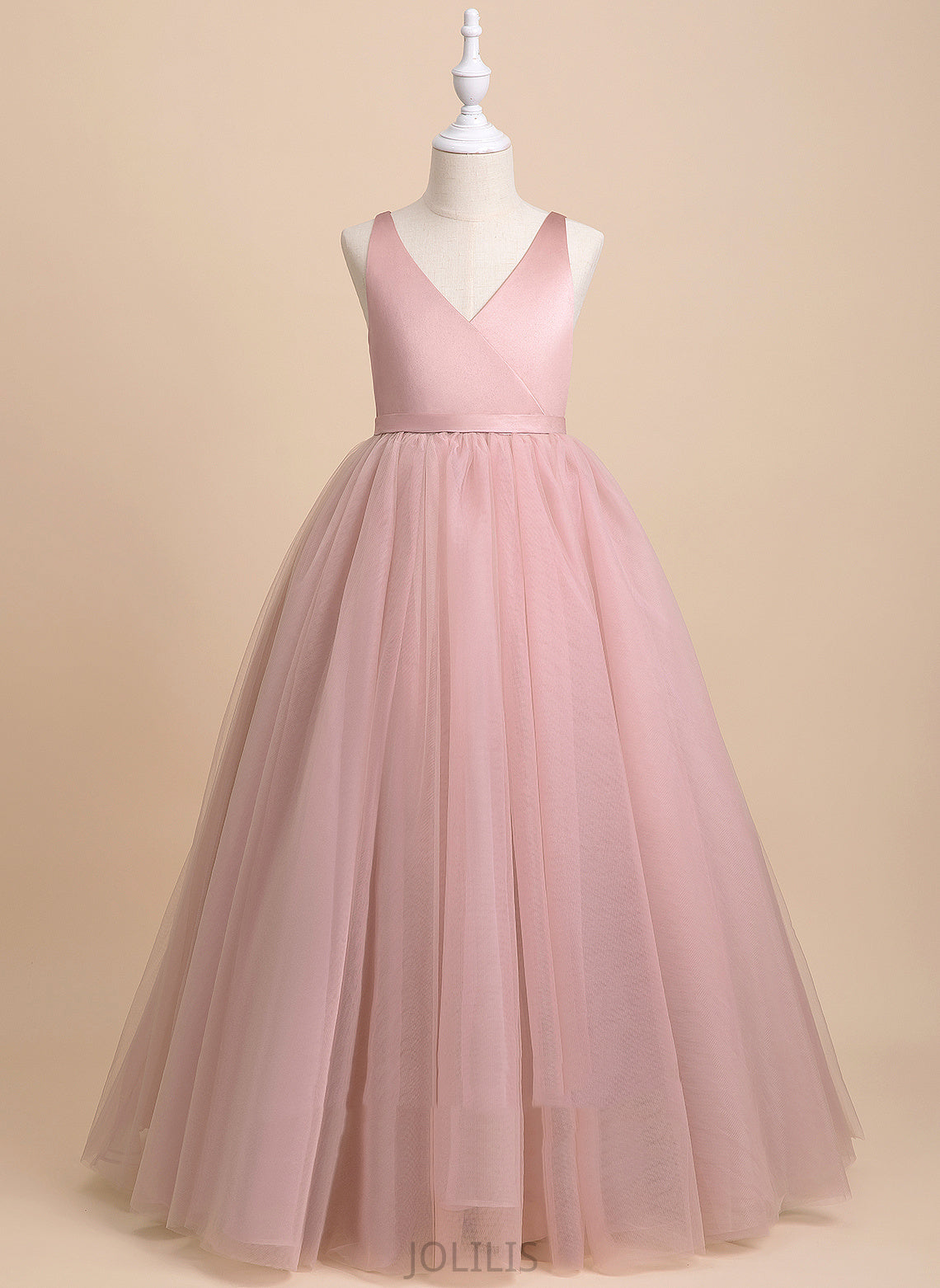 With Alisha Sleeveless - Back Ball-Gown/Princess Flower Girl Dresses Tulle Girl Flower Dress V-neck Floor-length Bow(s)/V