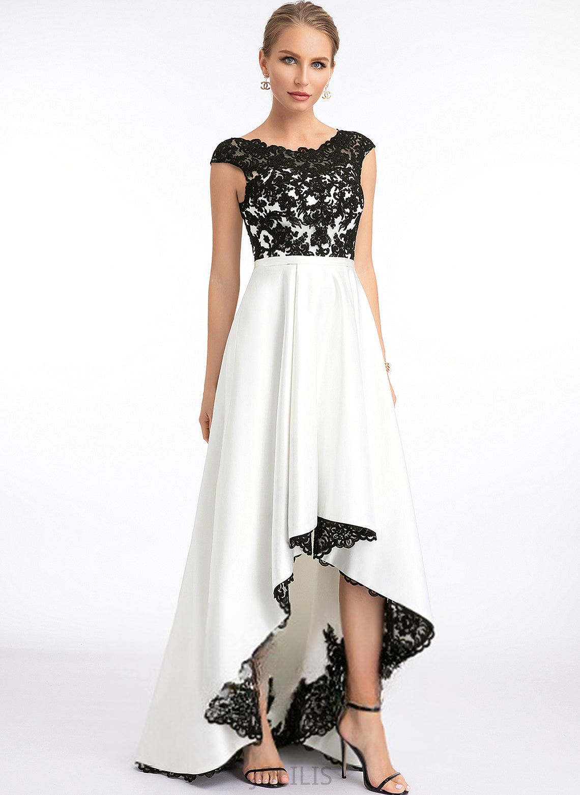 Asymmetrical Scoop Illusion Lace Satin Margery Prom Dresses A-Line