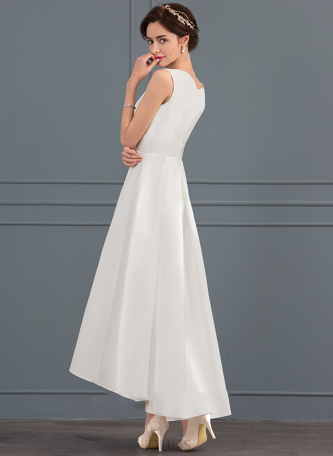 Dress Asymmetrical Square Wedding Dresses Wedding Satin Neckline A-Line Peggie