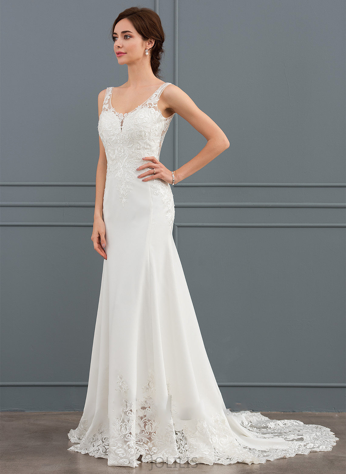 Lace Sequins Brielle Crepe Wedding Dresses V-neck Train With Trumpet/Mermaid Dress Court Wedding Stretch