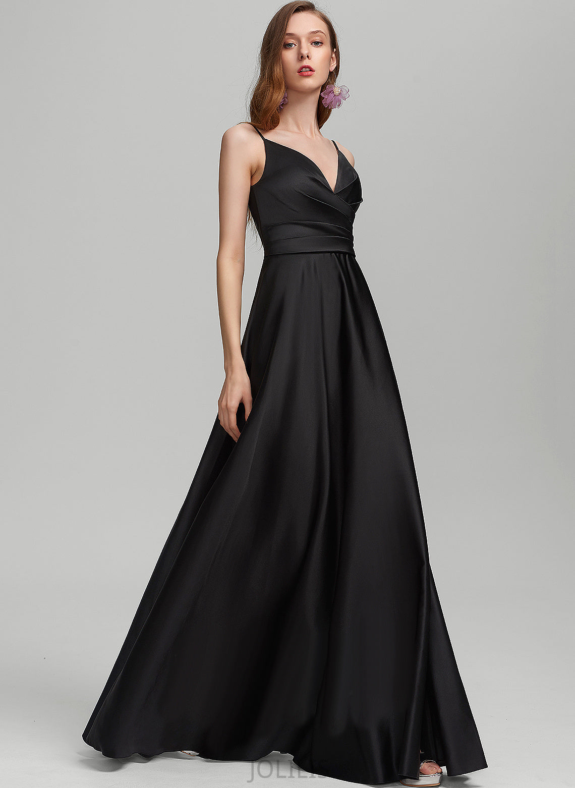 Jordin A-Line Satin Floor-Length V-neck With Prom Dresses Ruffle