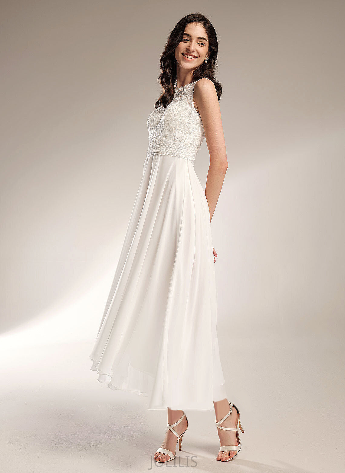 Wedding Wedding Dresses Asymmetrical A-Line Dress Chiffon Leticia Scoop Lace