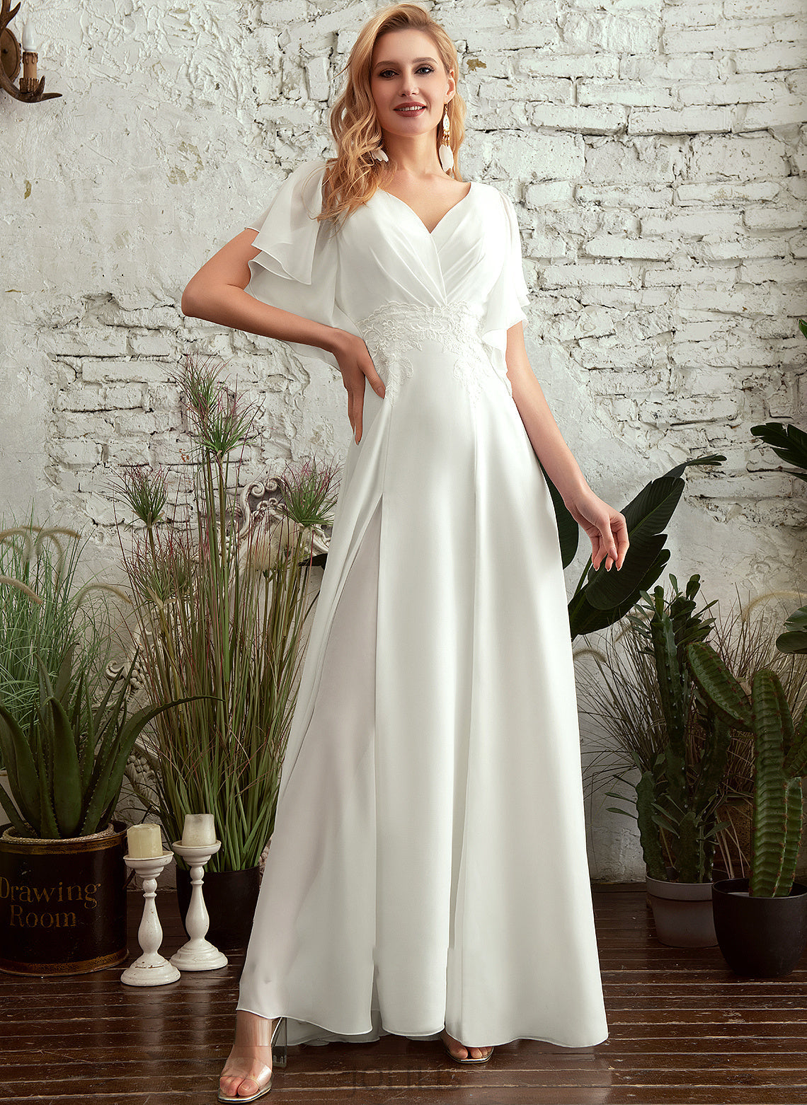 Split Lace Floor-Length Dress With Wedding Dresses Wedding A-Line Kara Front V-neck