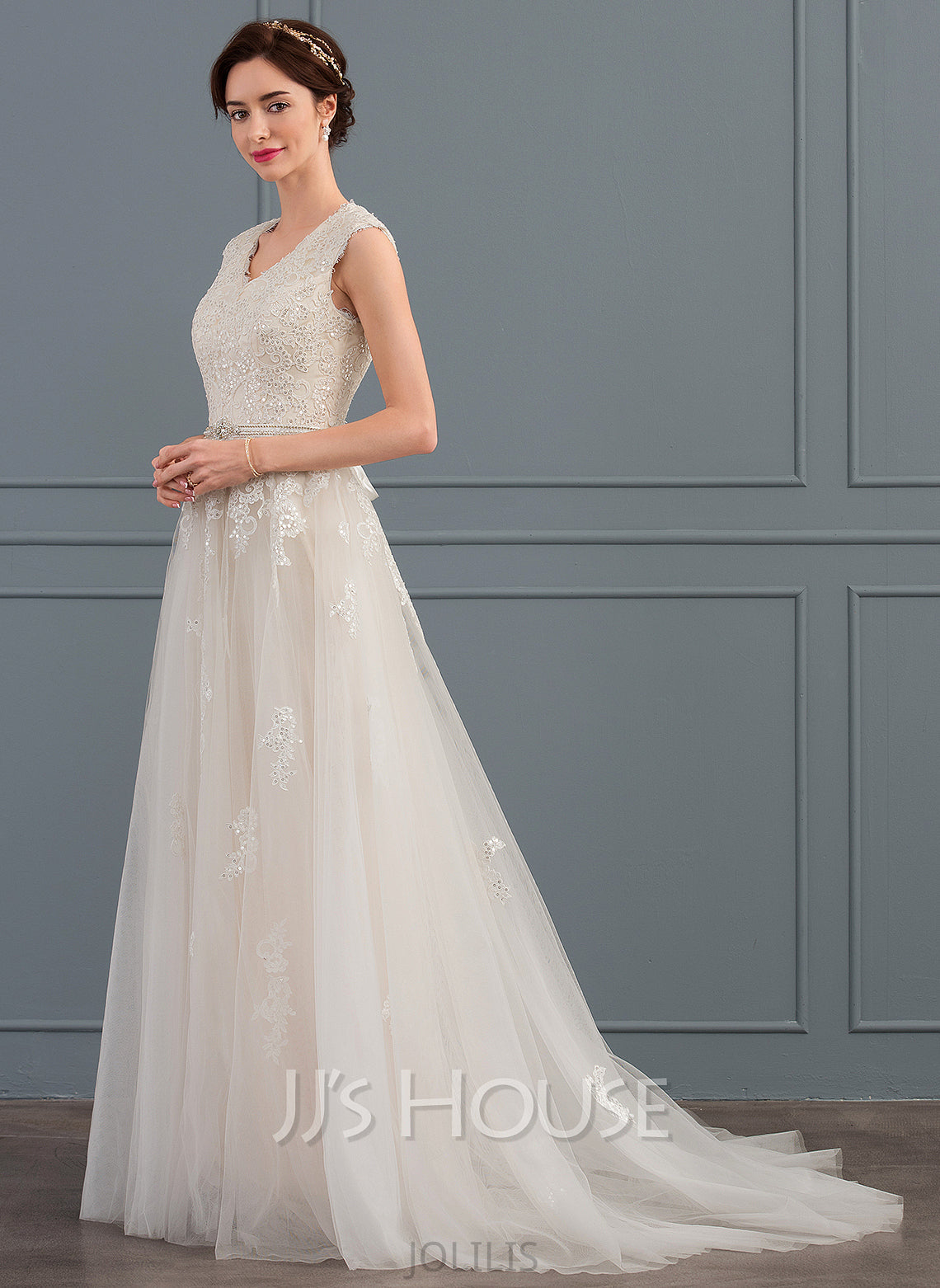 Wedding Dresses Dress Tulle Sequins A-Line Beading V-neck Justine With Wedding Train Bow(s) Sweep