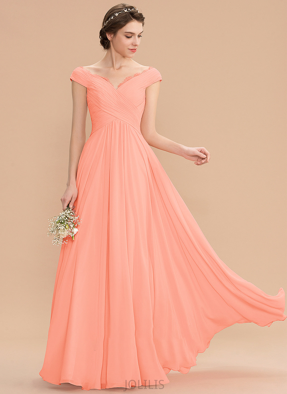 Lace Floor-Length Neckline Embellishment Length Fabric Off-the-Shoulder A-Line Ruffle Silhouette Mavis A-Line/Princess Bridesmaid Dresses