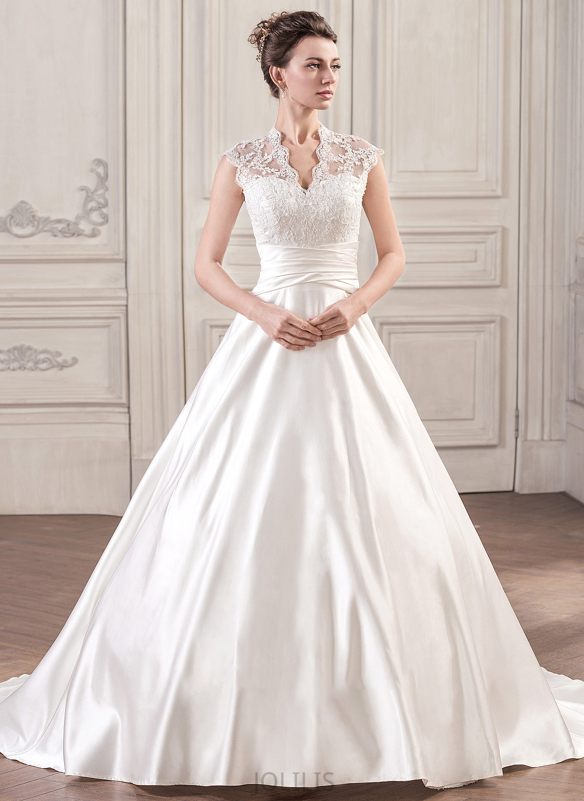 Dress Court V-neck Lace Wedding Dresses Wedding Ruffle With Ball-Gown/Princess Satin Carmen Train