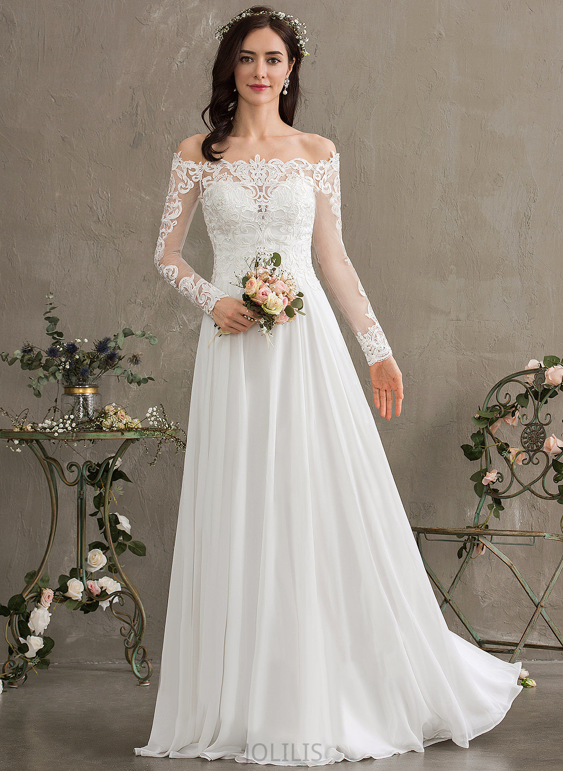 Lace Lace Wedding Off-the-Shoulder Chiffon With A-Line Floor-Length Dress Sibyl Wedding Dresses