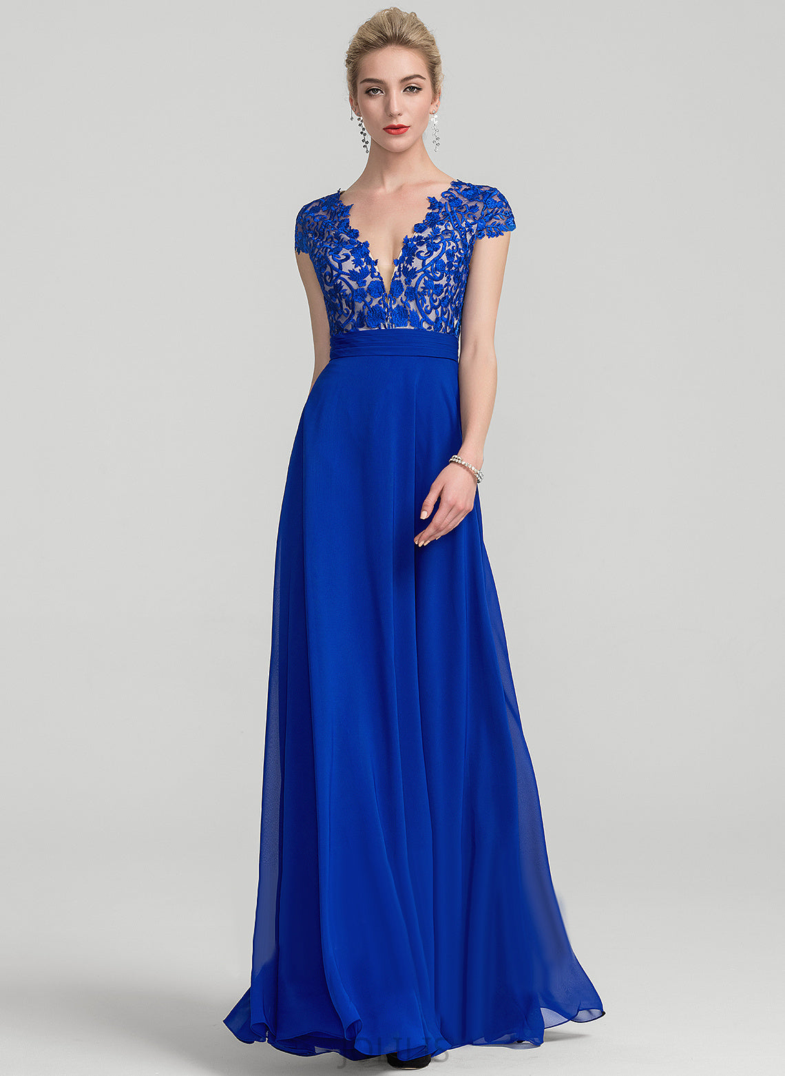 V-neck Prom Dresses Chiffon A-Line Floor-Length Laci Lace