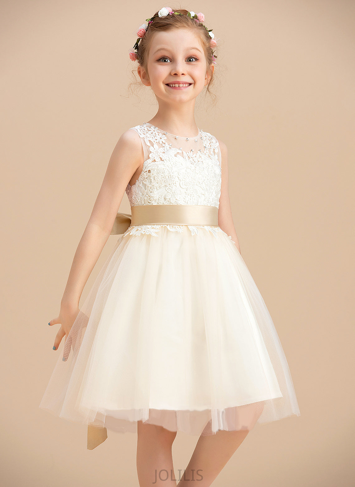 (Detachable Neck - Flower Girl Scoop Flower Girl Dresses Knee-length Tulle/Lace A-Line With Maryjane sash) Sleeveless Dress Sash/Beading/Back Hole