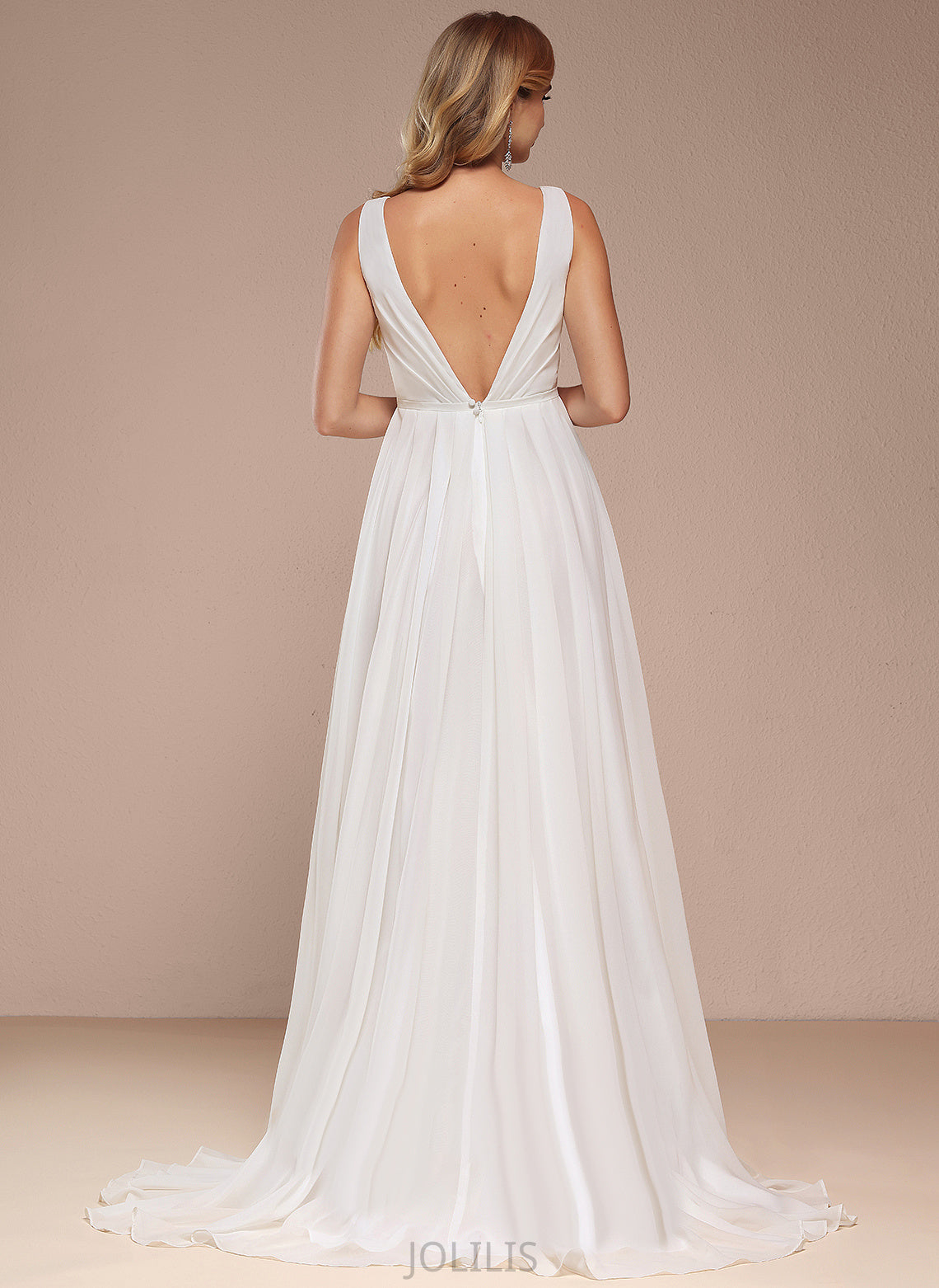 Lainey Train Dress V-neck Bow(s) With Sweep Wedding A-Line Chiffon Wedding Dresses