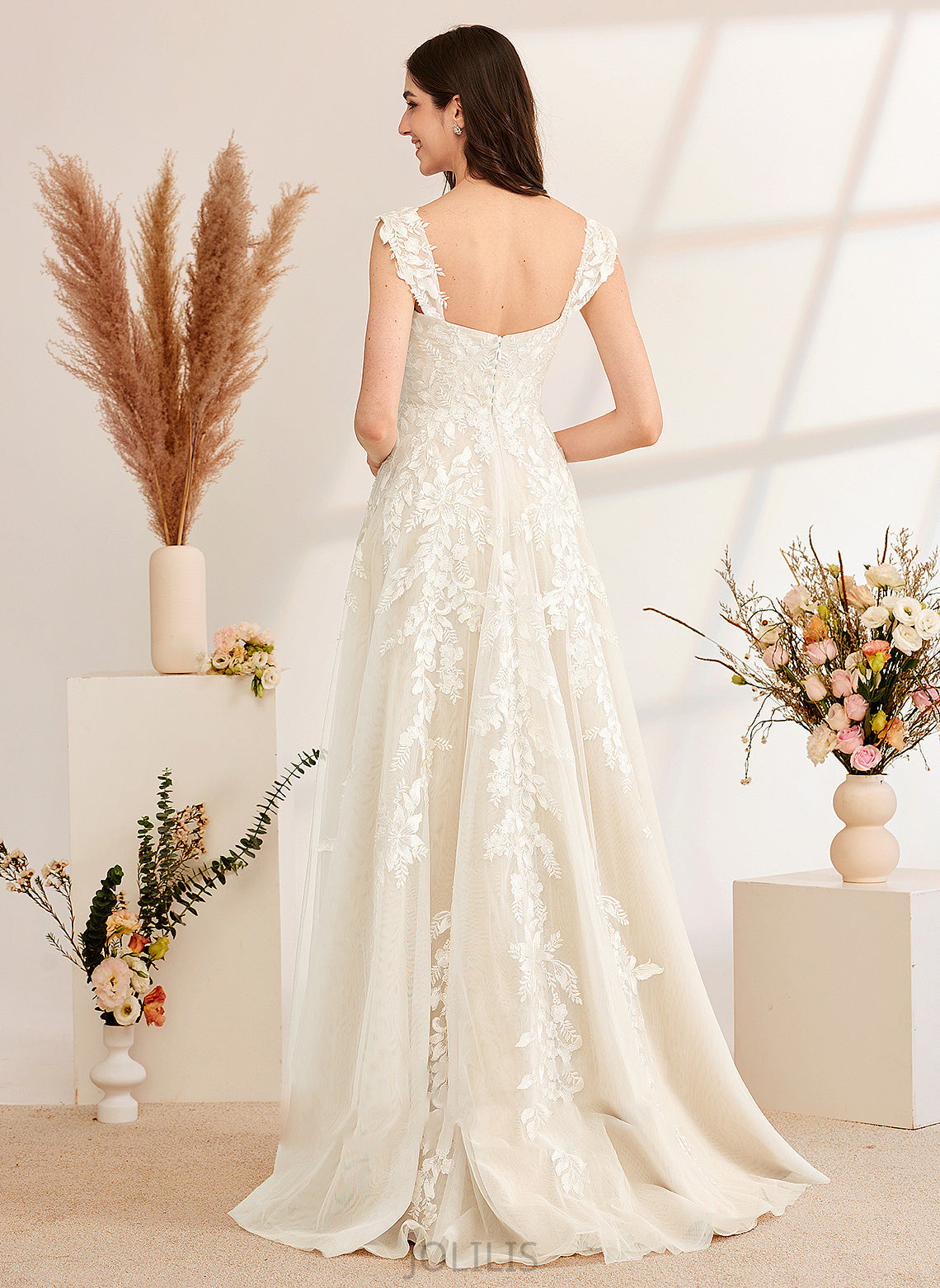 A-Line With Train Sweep Beading Sequins Anna Wedding Off-the-Shoulder Dress Wedding Dresses