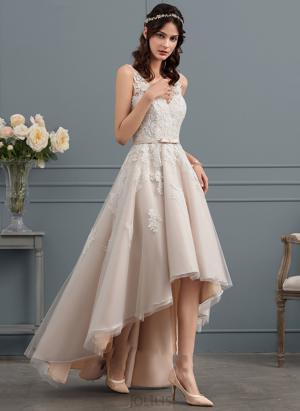 Bow(s) Tulle Dress Wedding Dresses With A-Line Camilla Lace Wedding Asymmetrical V-neck