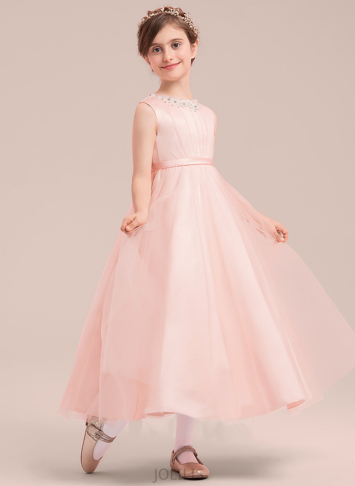 Satin/Tulle Flower Dress Neck Ankle-length A-Line/Princess Scoop Girl - Emily With Sleeveless Beading/Bow(s) Flower Girl Dresses