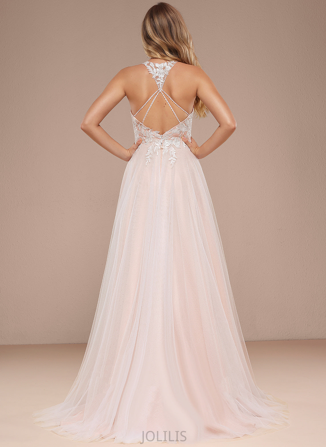 Sweep Lace Dress A-Line Dalia Halter Wedding Dresses With Train Wedding Tulle Beading Sequins