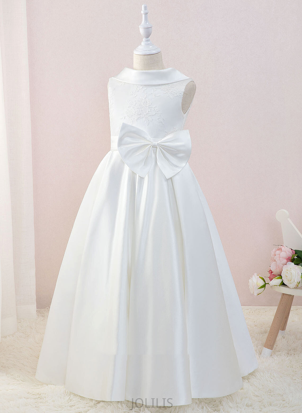 Flower Girl Dresses Dress Sleeveless Floor-length Satin/Lace Neck Ball-Gown/Princess - Girl With Sandra Scoop Bow(s) Flower