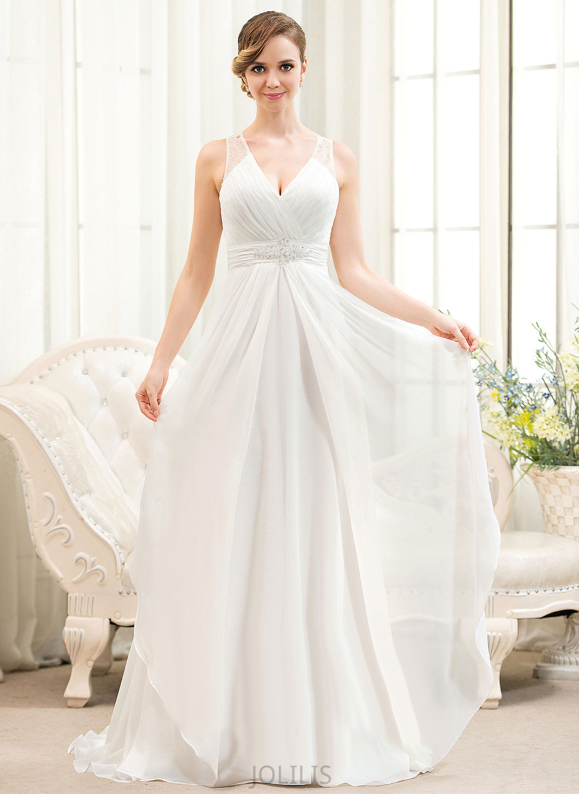 Chiffon Beading Wedding Sweep Cascading Train A-Line Ruffles With Sequins Wedding Dresses Dress V-neck Tulle Macey