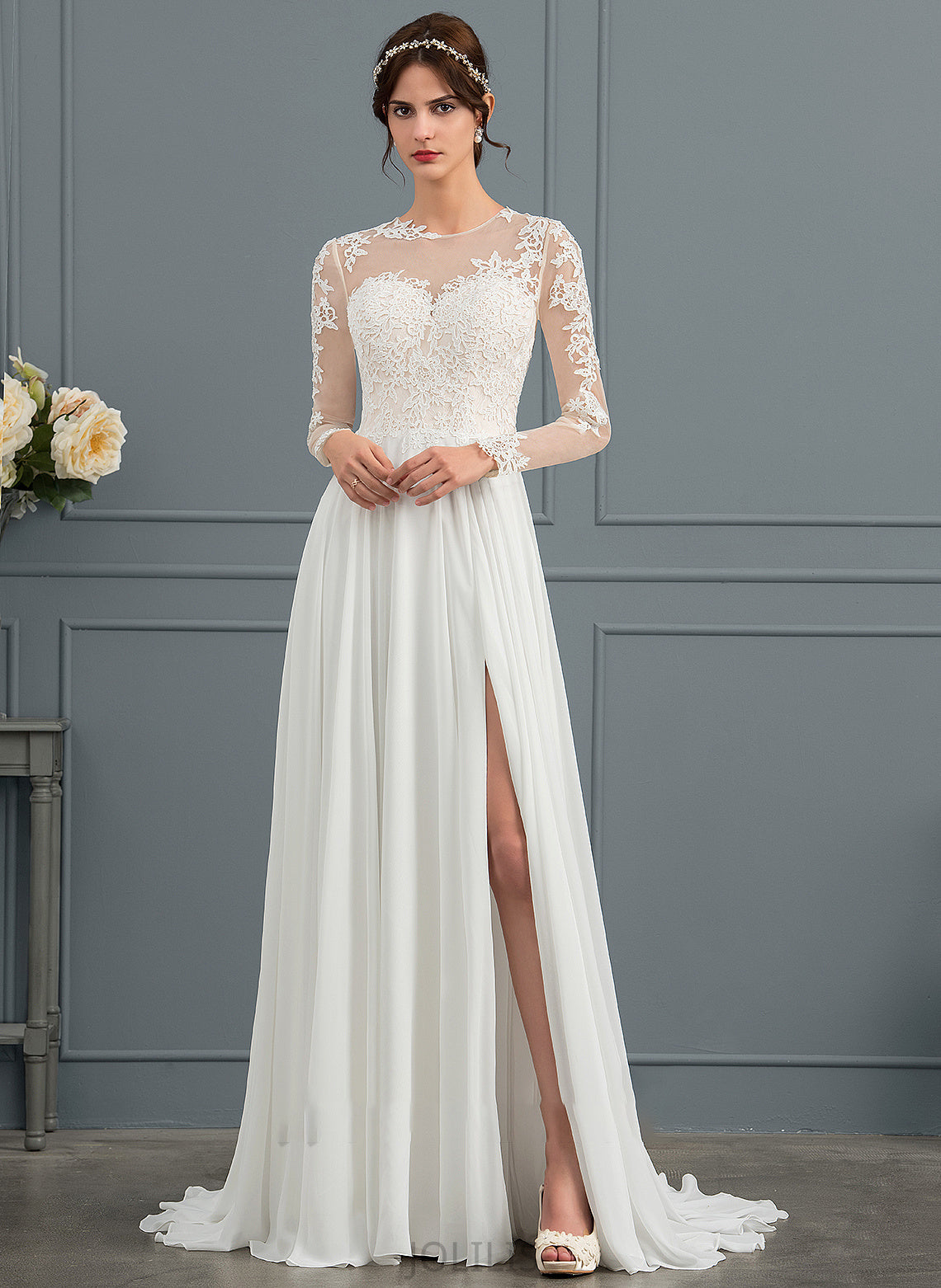 With Illusion Split Appliques Dress Wedding Train Front Sweep A-Line Lace Chiffon Rubi Wedding Dresses