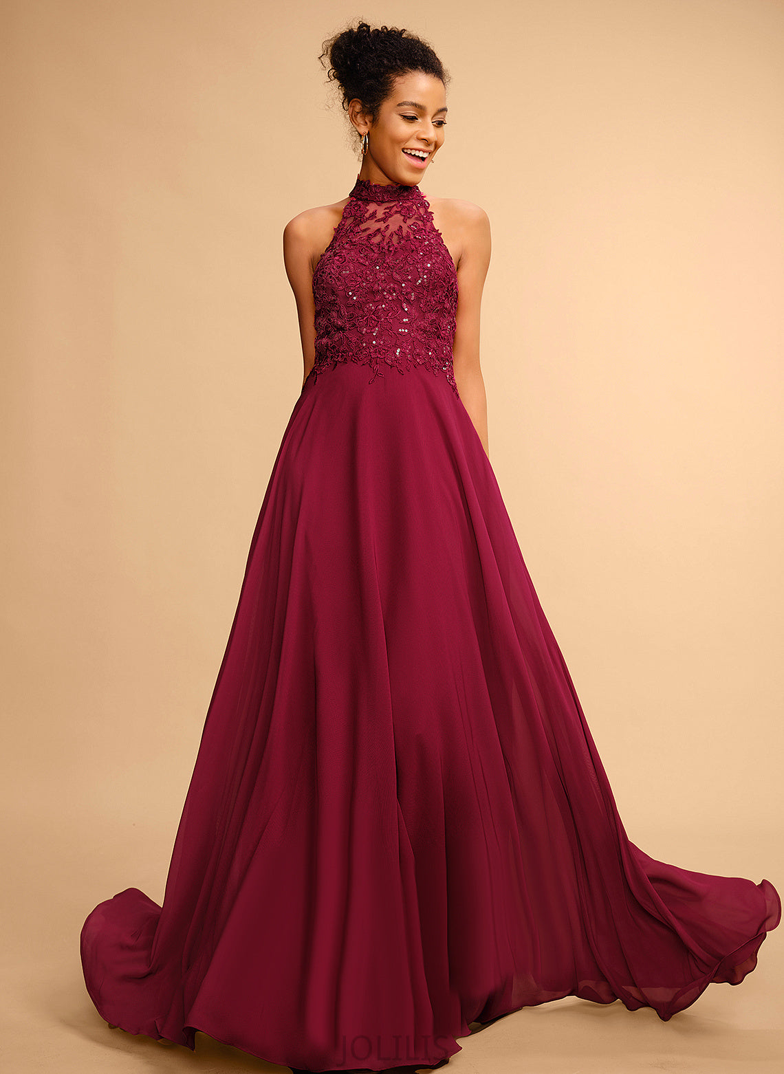 Sequins Lace A-Line Halter Carla Prom Dresses Floor-Length With Chiffon