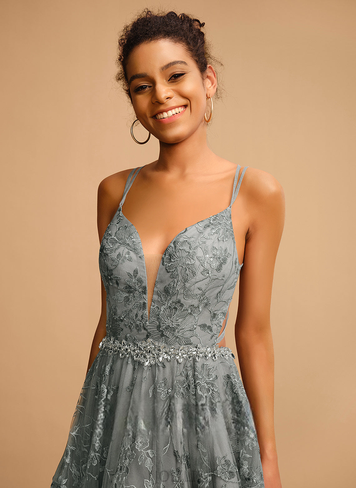 Floor-Length Lace Ball-Gown/Princess Prom Dresses V-neck Catalina Tulle