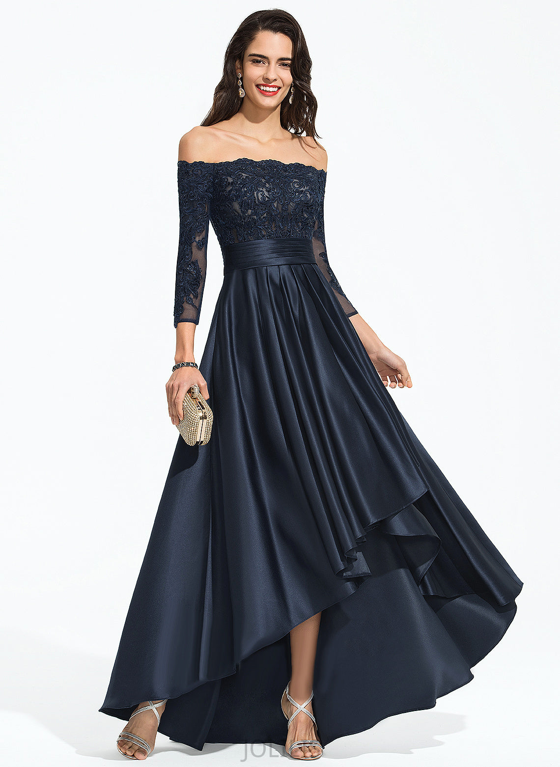 A-Line Sequins Satin Cascading Asymmetrical Ruffles Prom Dresses Off-the-Shoulder Lace Jessie With