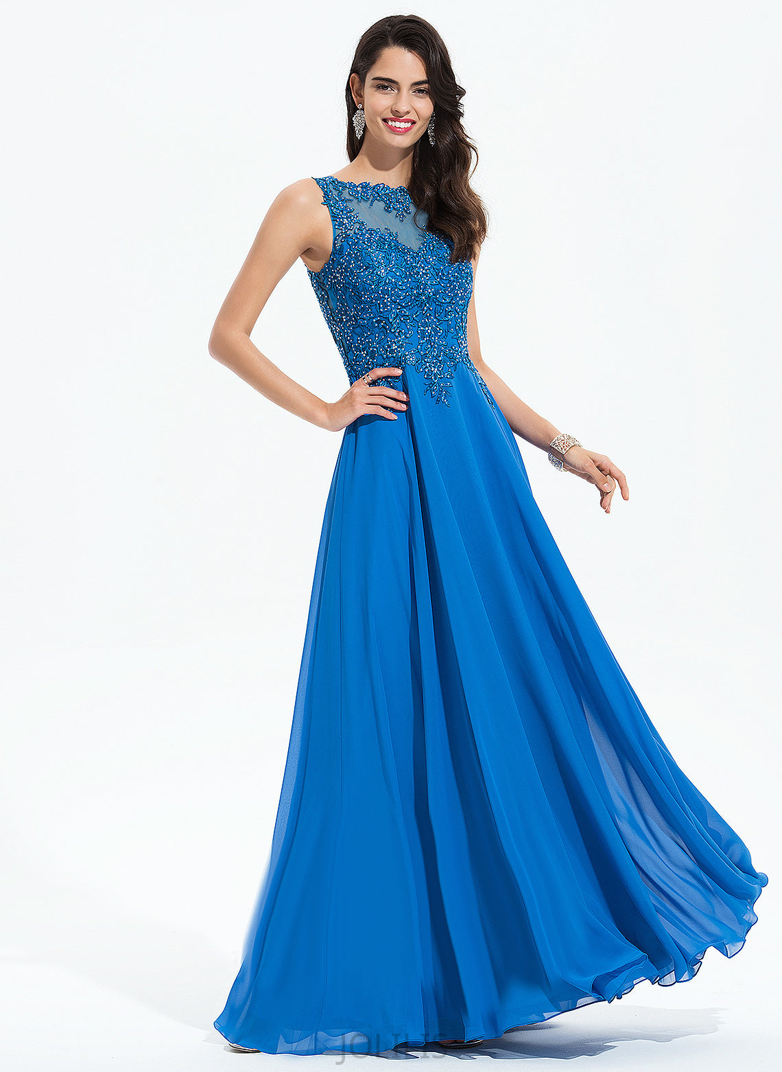 Floor-Length Scoop With Sequins Mandy A-Line Chiffon Prom Dresses Beading