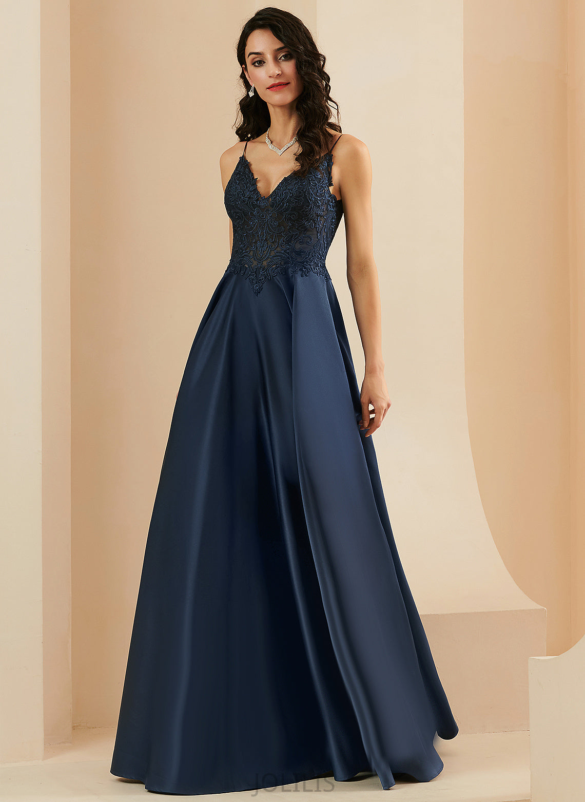 A-Line Floor-Length Magdalena V-neck Prom Dresses Lace