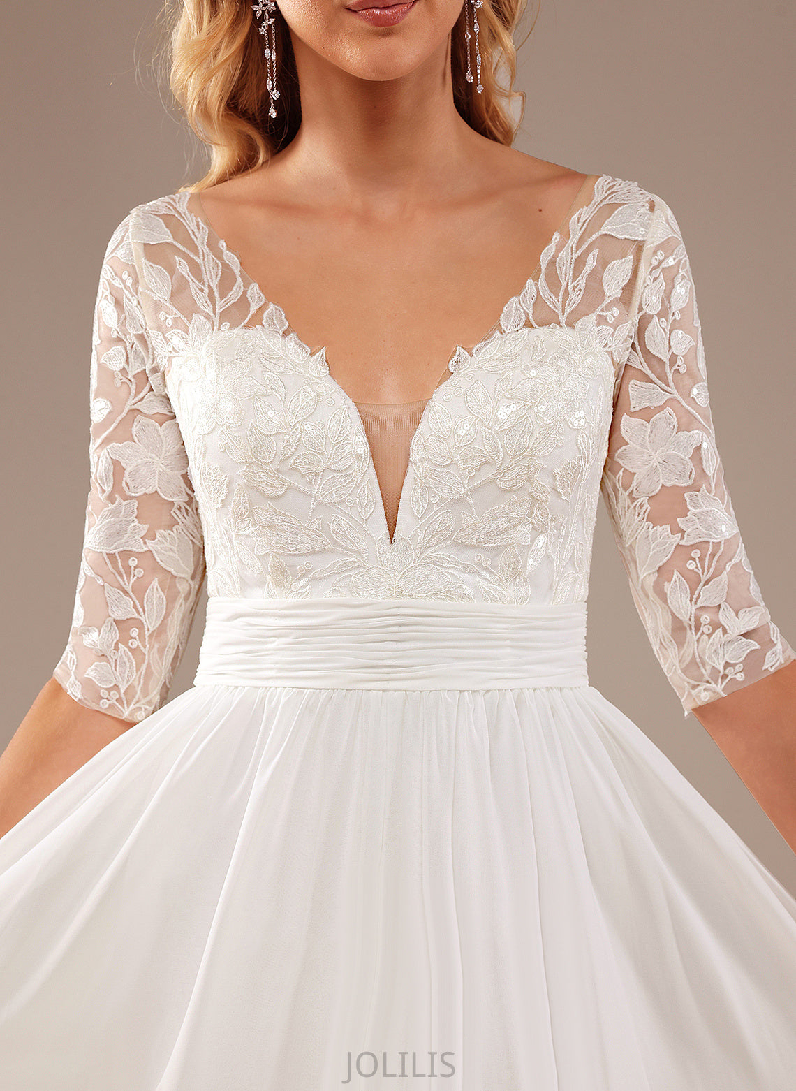 Wedding Lace Floor-Length A-Line Chiffon V-neck With Wedding Dresses Julia Dress Ruffle Sequins