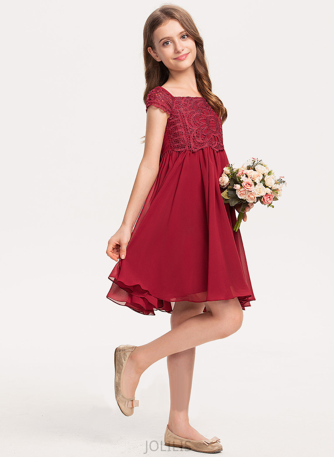 A-Line Chiffon Square Sleeves Flower Short Flower Girl Dresses Dress - Jode Neckline Girl Knee-length