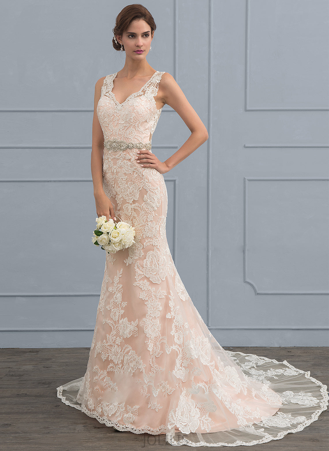 Train With Chapel Wedding Wedding Dresses Trumpet/Mermaid Martina Tulle V-neck Dress Lace Beading