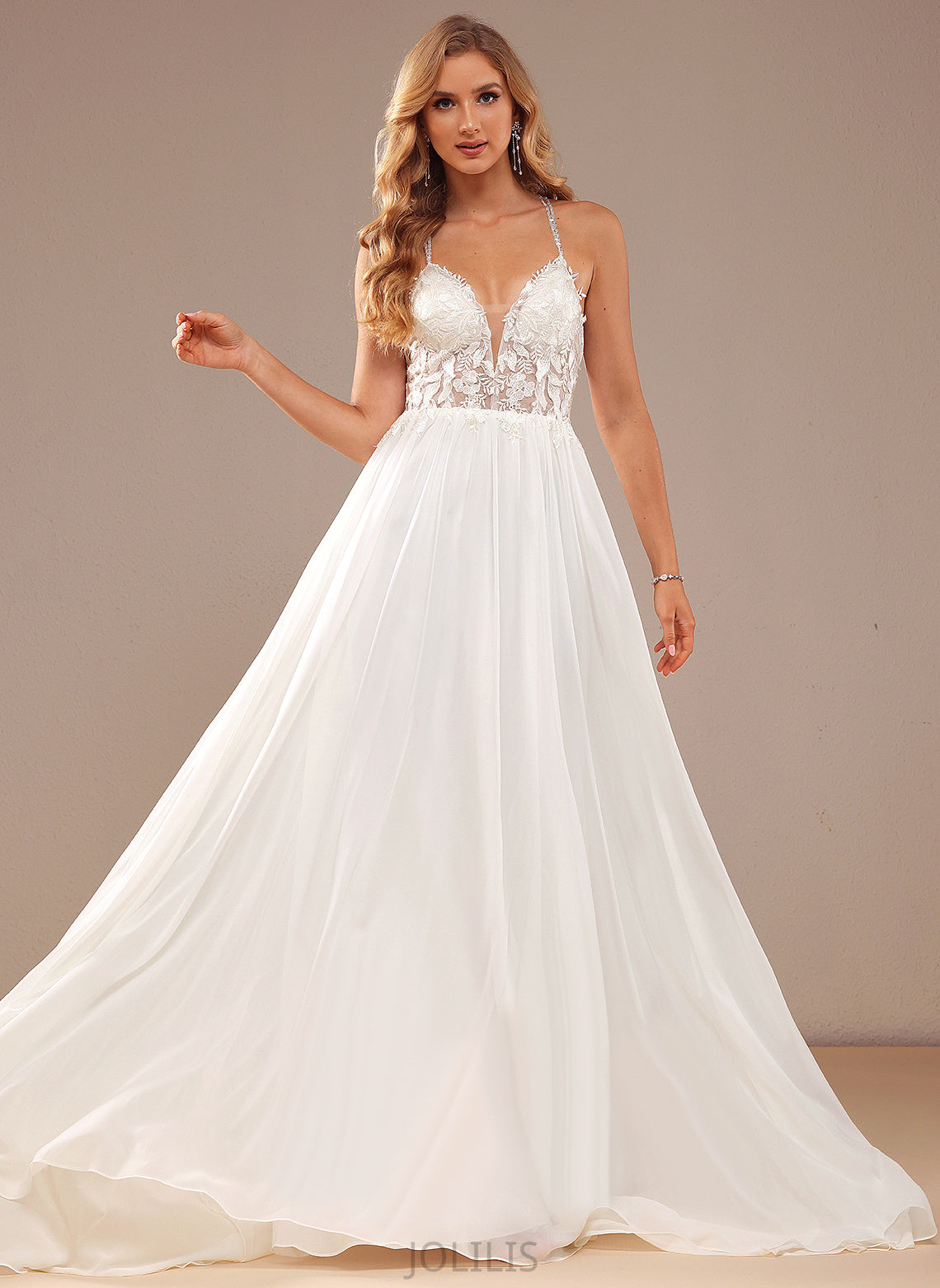 V-neck Lace With A-Line Sequins Dress Chiffon Wedding Wedding Dresses Alana Beading Sweep Train