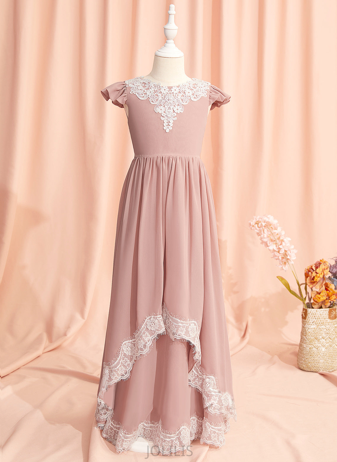 A-Line With Sleeves Flower Girl Dresses Floor-length Lace/V Back Flower Scoop Short Girl - Dress Neck Sylvia Chiffon/Lace