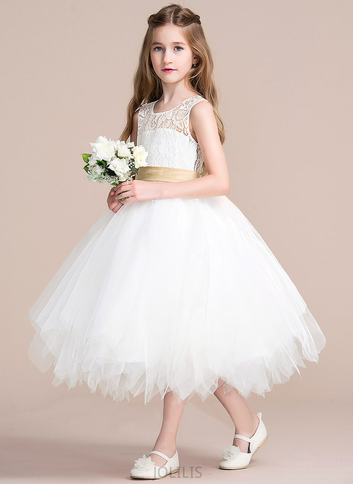 Tea-length Sash/Back Ciara Neck Flower Tulle/Lace Dress Girl Hole (Detachable Scoop - Flower Girl Dresses With A-Line Sleeveless sash)