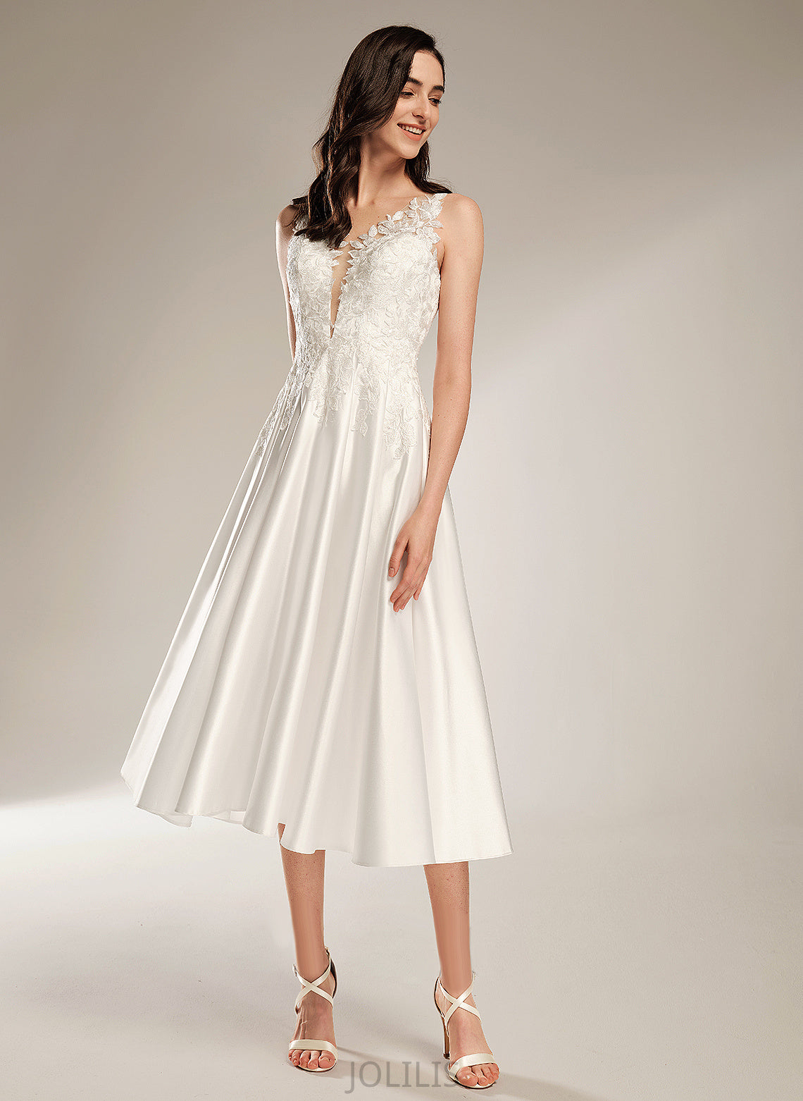 Tea-Length Wedding Dresses Wedding Rylee A-Line Dress V-neck Lace Satin