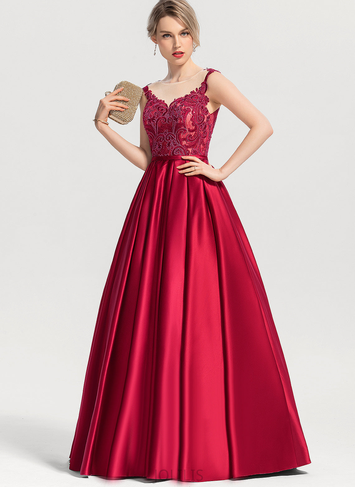 Lace Ball-Gown/Princess June Floor-Length Sequins Satin Prom Dresses With Scoop Illusion