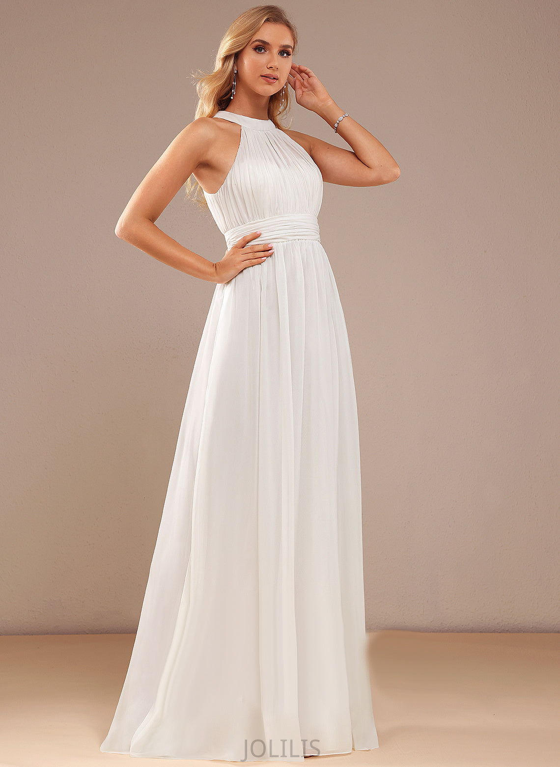 Chiffon High With Ruffle Wedding Dresses Jan Wedding Dress Floor-Length Neck A-Line