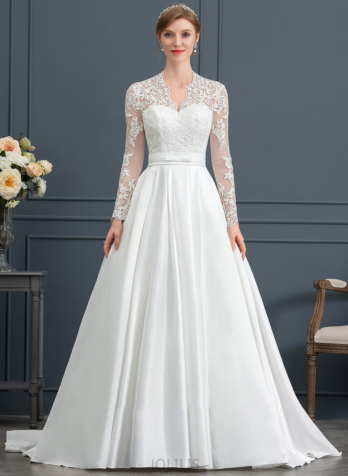 Dress Court With Bow(s) Ball-Gown/Princess V-neck Satin Marisol Wedding Train Wedding Dresses