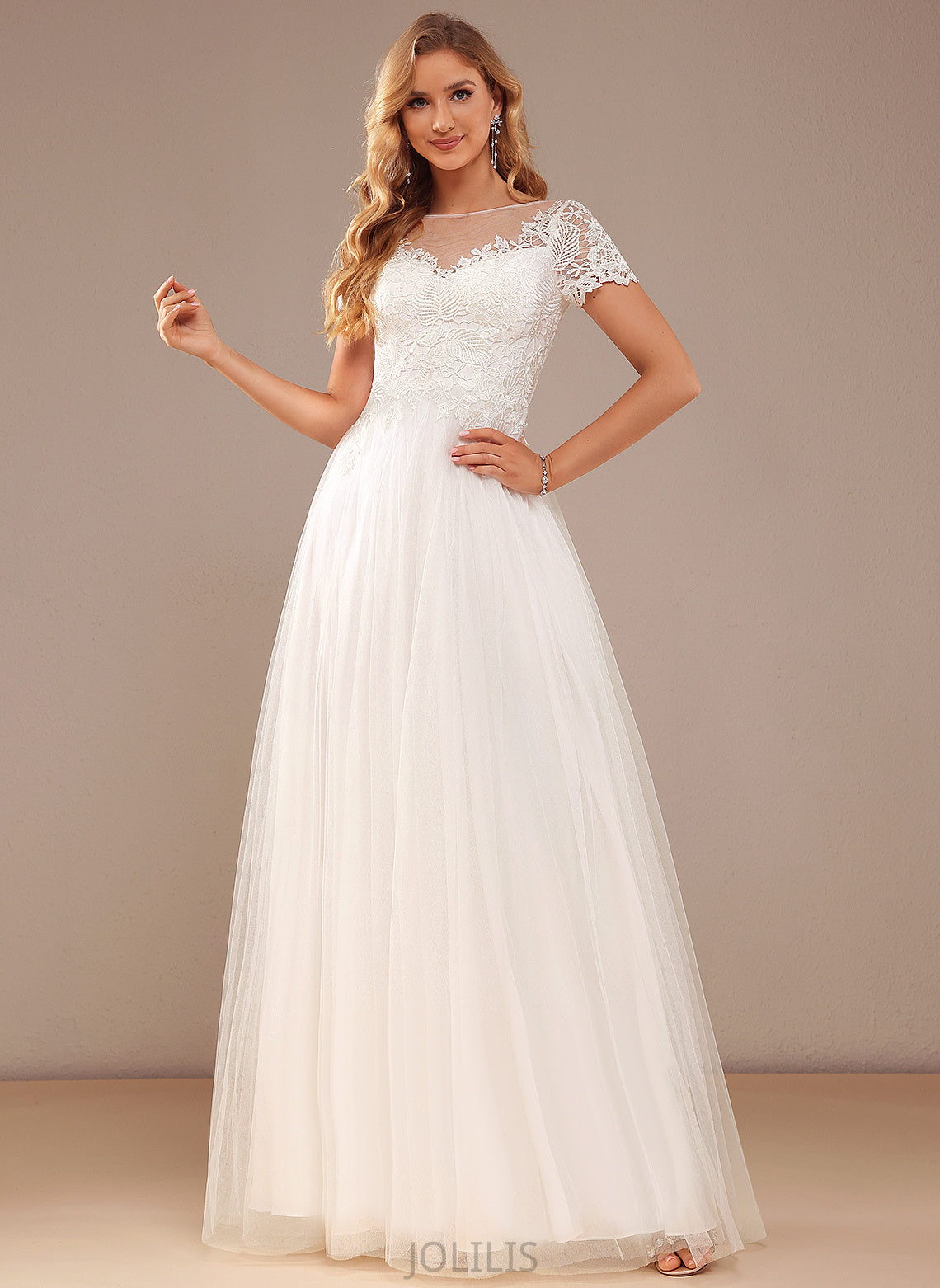 Neck Abbie Lace Wedding Wedding Dresses Dress Scoop With Lace Tulle Floor-Length A-Line