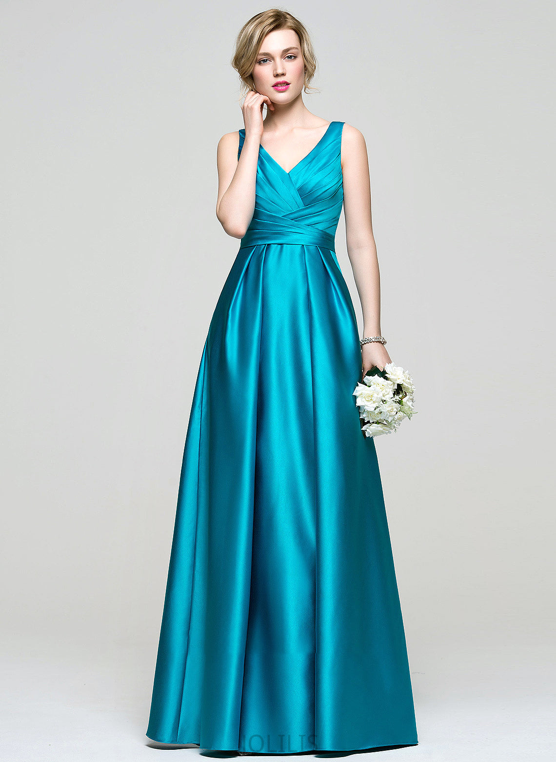 Ball-Gown/Princess V-neck Ruffle Pockets Satin With Floor-Length Neveah Prom Dresses