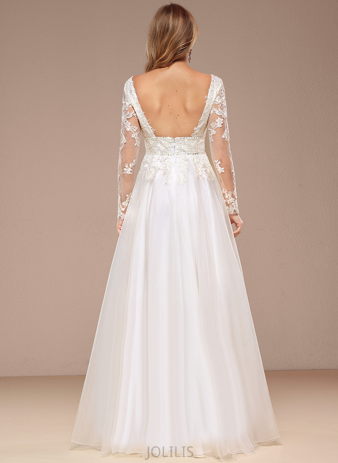 Wedding Dresses A-Line Wedding Lace Beading Dress With V-neck Abril Floor-Length Tulle Sequins