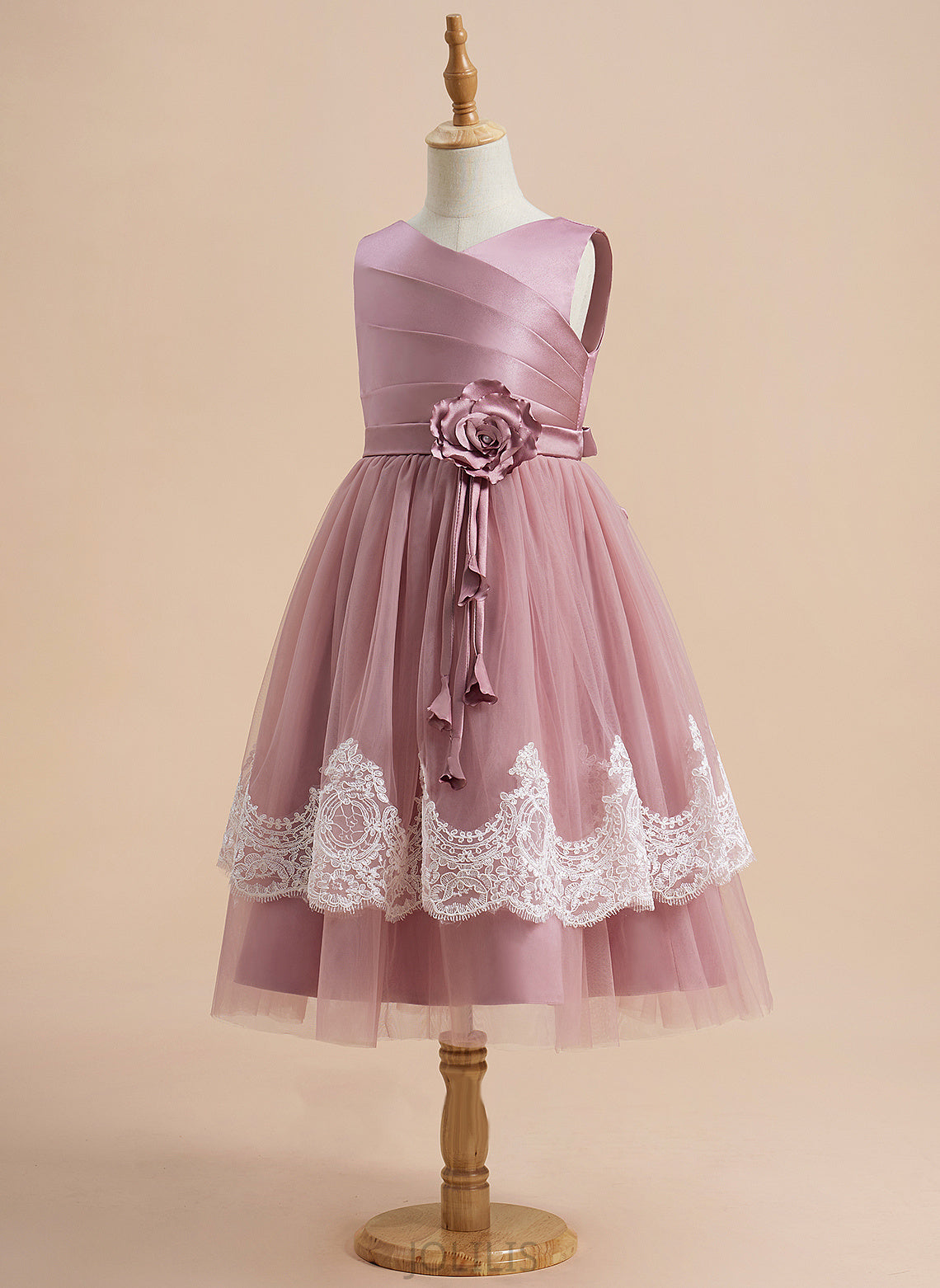 Taylor Flower Girl Dresses Satin/Tulle - Dress V-neck Knee-length With Flower A-Line Lace/Flower(s)/Bow(s)/Pleated/V Girl Sleeveless Back