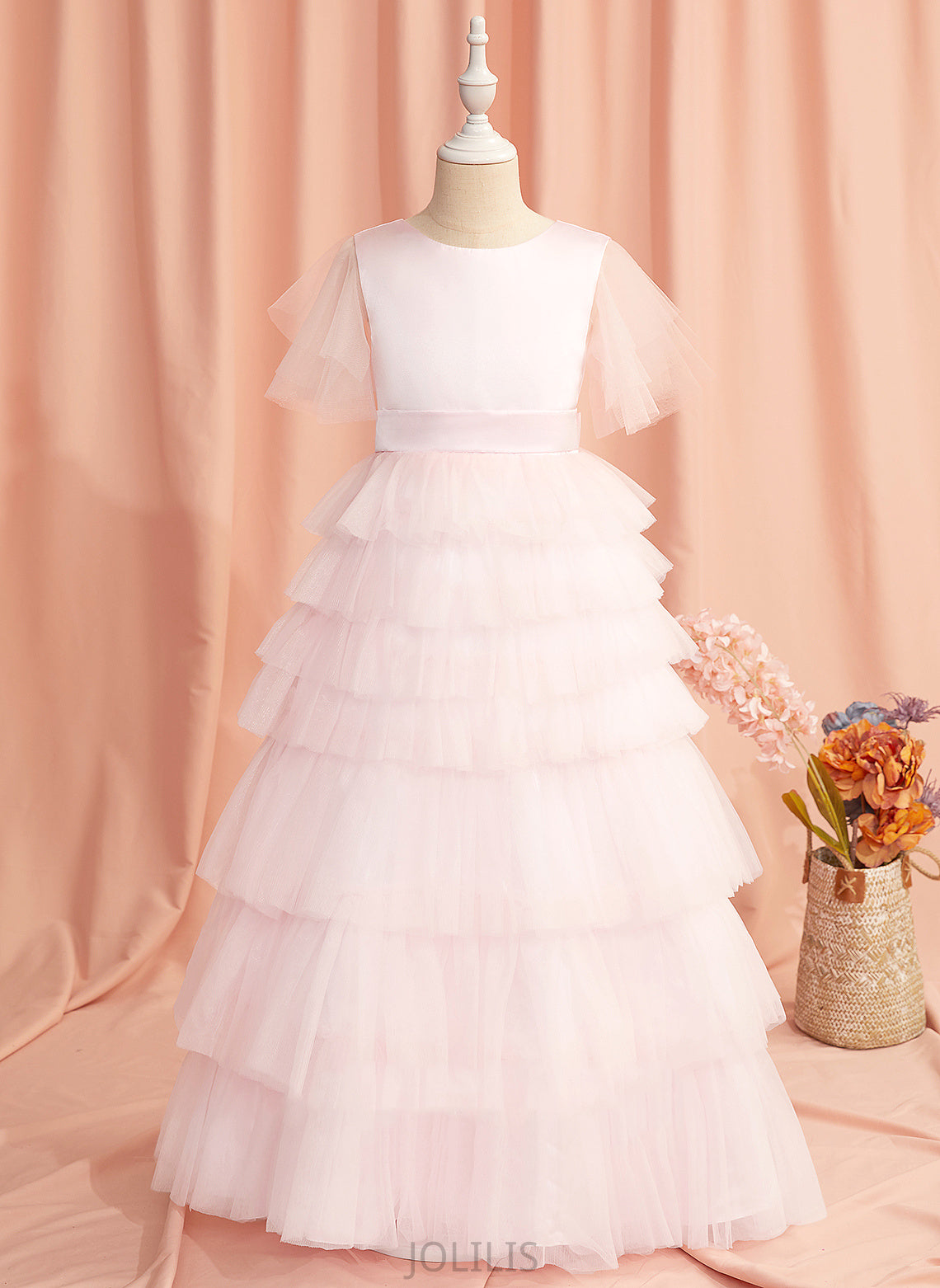 Flower Girl Dresses Girl Short Dress Kamora Ball-Gown/Princess With Ruffles/V Flower Tulle Back Scoop Floor-length Sleeves - Neck