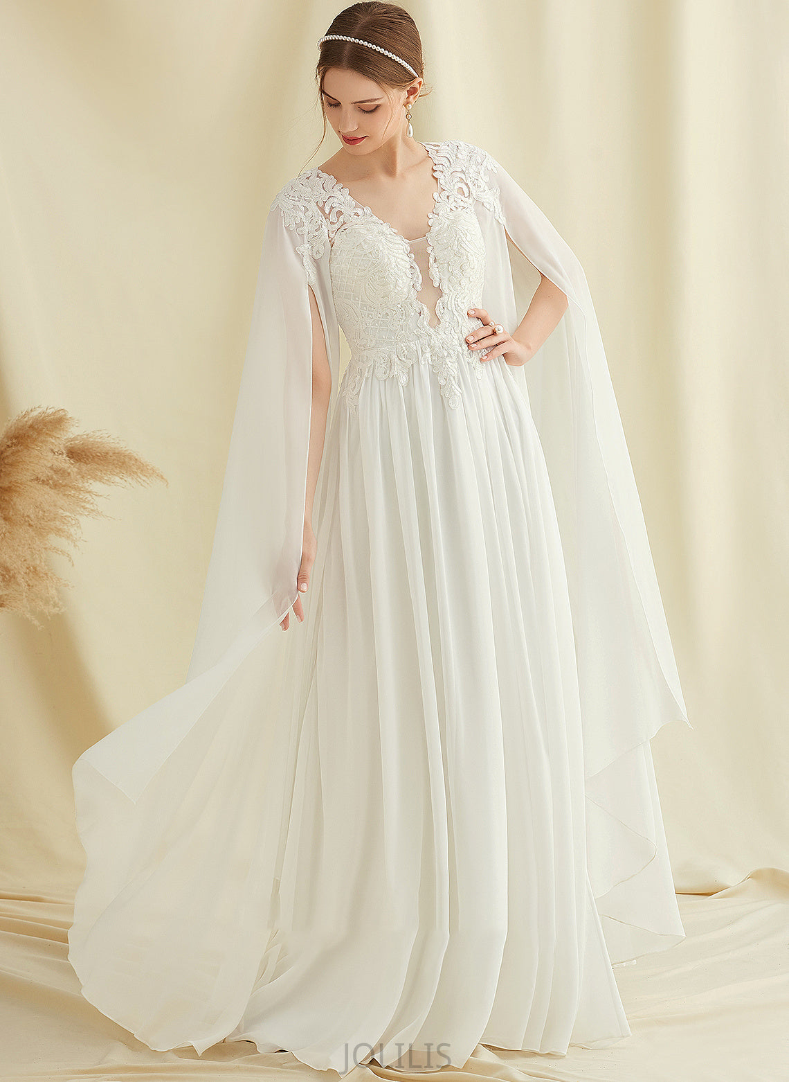 Floor-Length With Sequins Lace Dress Charlotte Chiffon Wedding Dresses Wedding A-Line V-neck