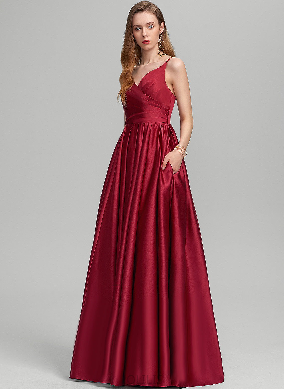 Floor-Length V-neck Ruffle Prom Dresses Satin With Skylar A-Line