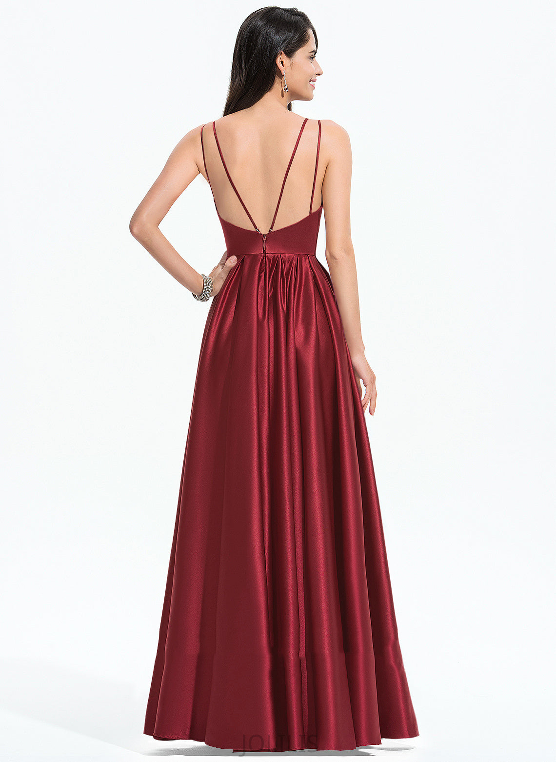 With A-Line Floor-Length Prom Dresses V-neck Satin Marisol Pleated