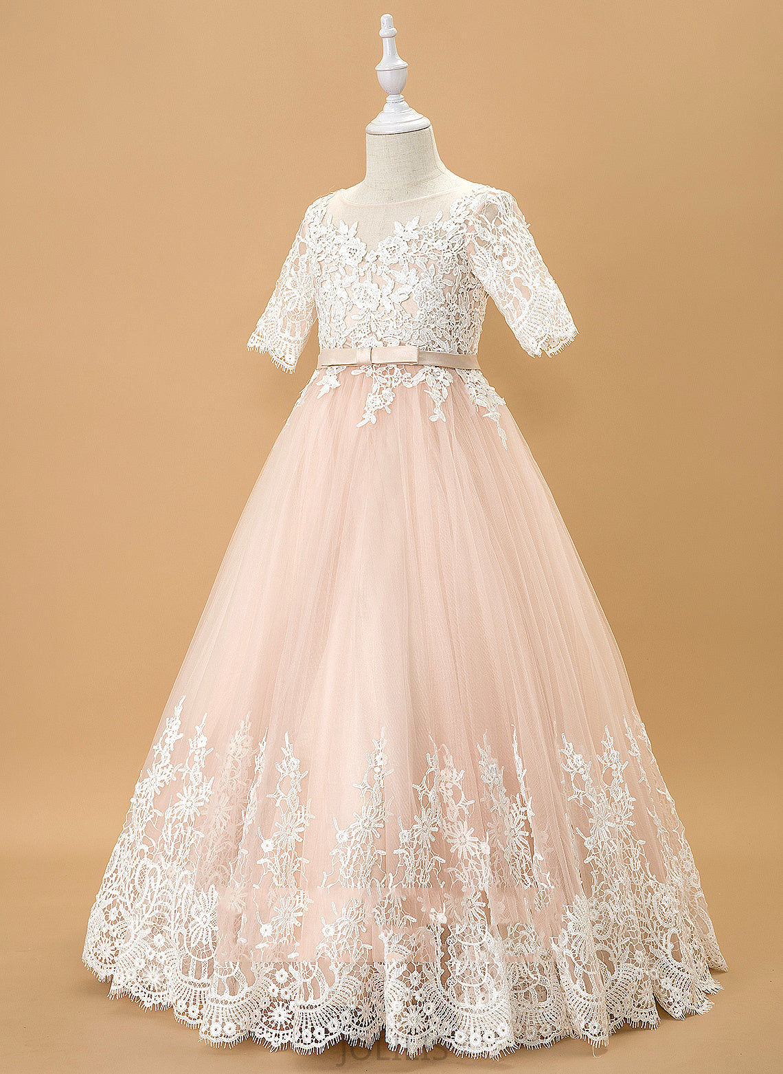 Flower Girl Dresses - Flower Girl Ball-Gown/Princess Scoop Tulle/Lace With Floor-length Sleeves Dress Neck 1/2 Dana Bow(s)