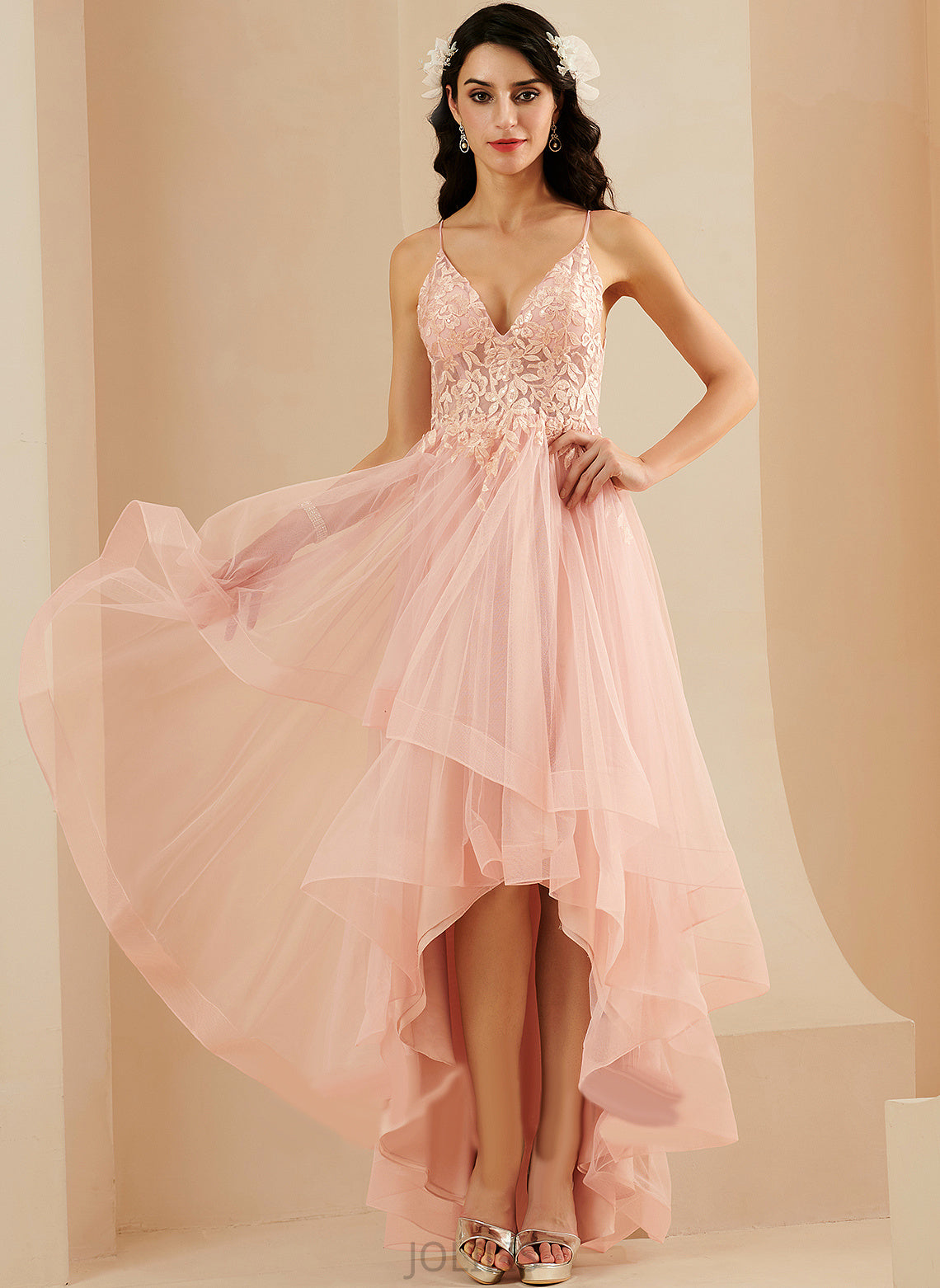 Lace Ball-Gown/Princess Sanaa Tulle V-neck Prom Dresses Asymmetrical