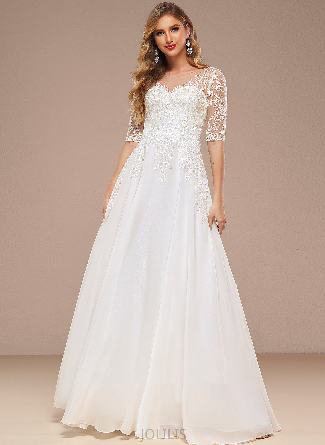 Floor-Length Wedding Louise Dress Wedding Dresses V-neck A-Line Chiffon Lace