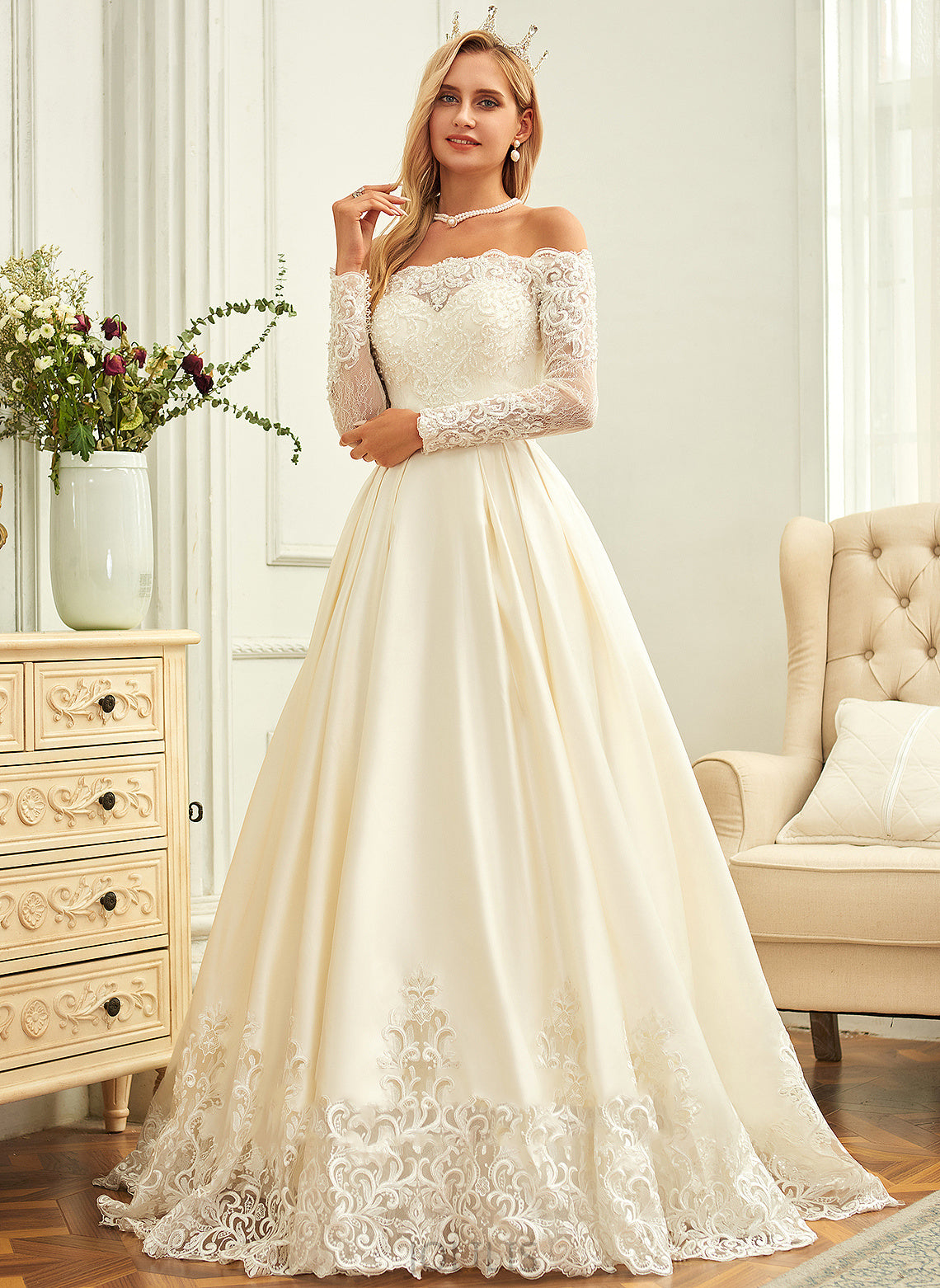 Ball-Gown/Princess Dress Off-the-Shoulder Train Sweep Juliette Lace Sequins Wedding Dresses Satin With Beading Wedding