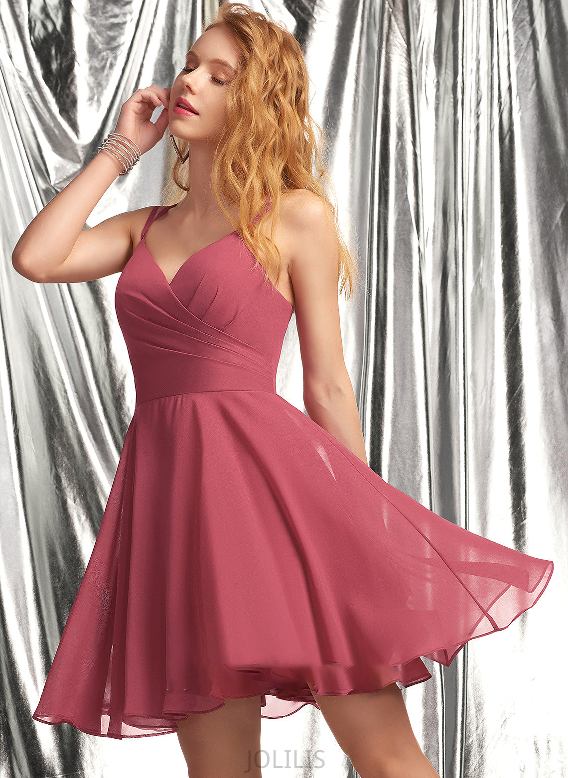 A-Line V-neck Ruffle Chiffon Brylee Prom Dresses With Short/Mini