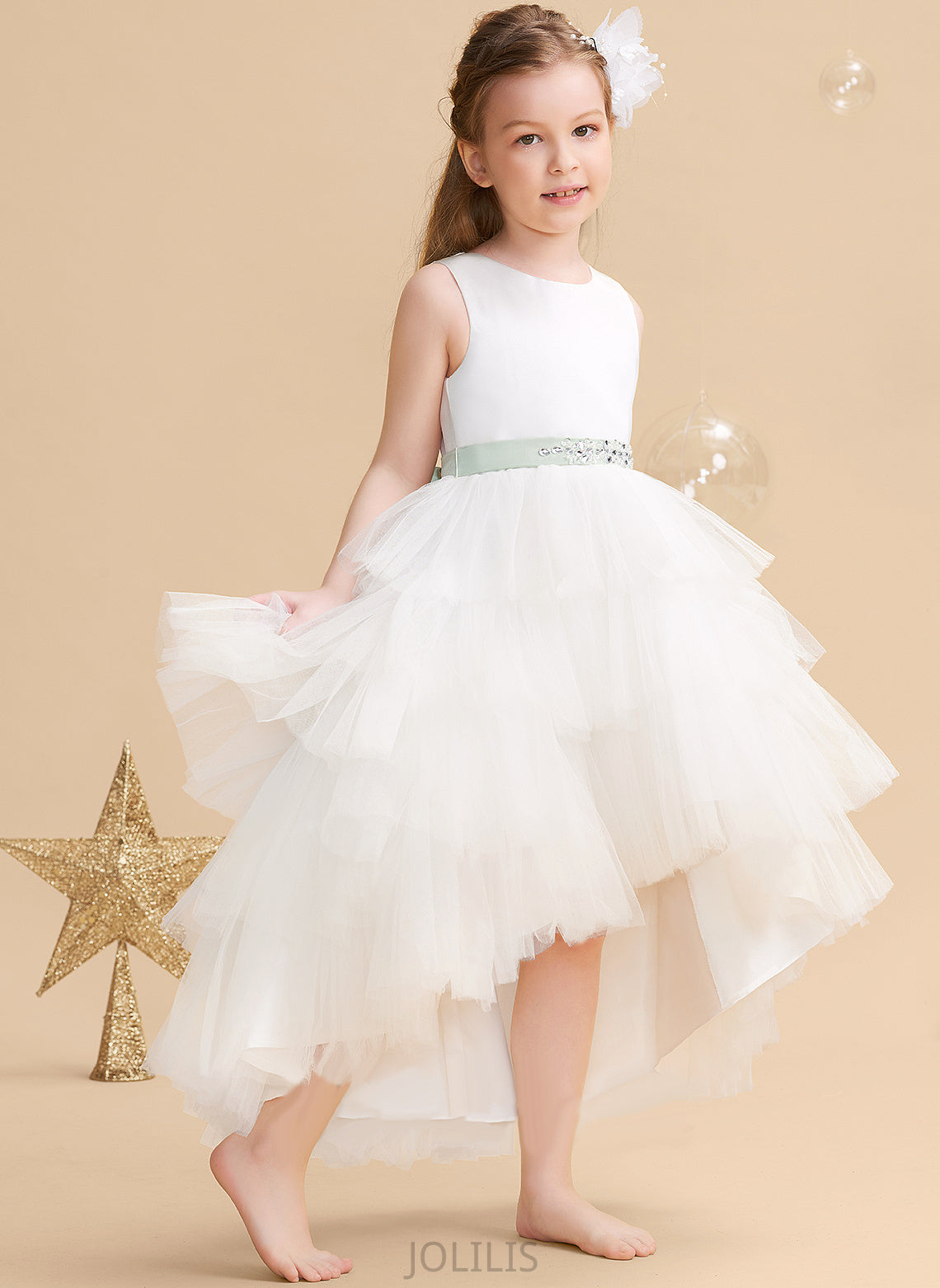 Ball-Gown/Princess Tulle With Dress Sleeveless sash) Girl - Flower Katelyn Sash/Beading Flower Girl Dresses (Detachable Asymmetrical Neck Scoop